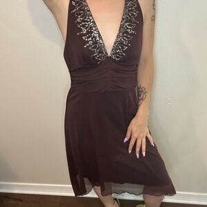 Elegant Brown Halter Dress with Embellished Neckline
